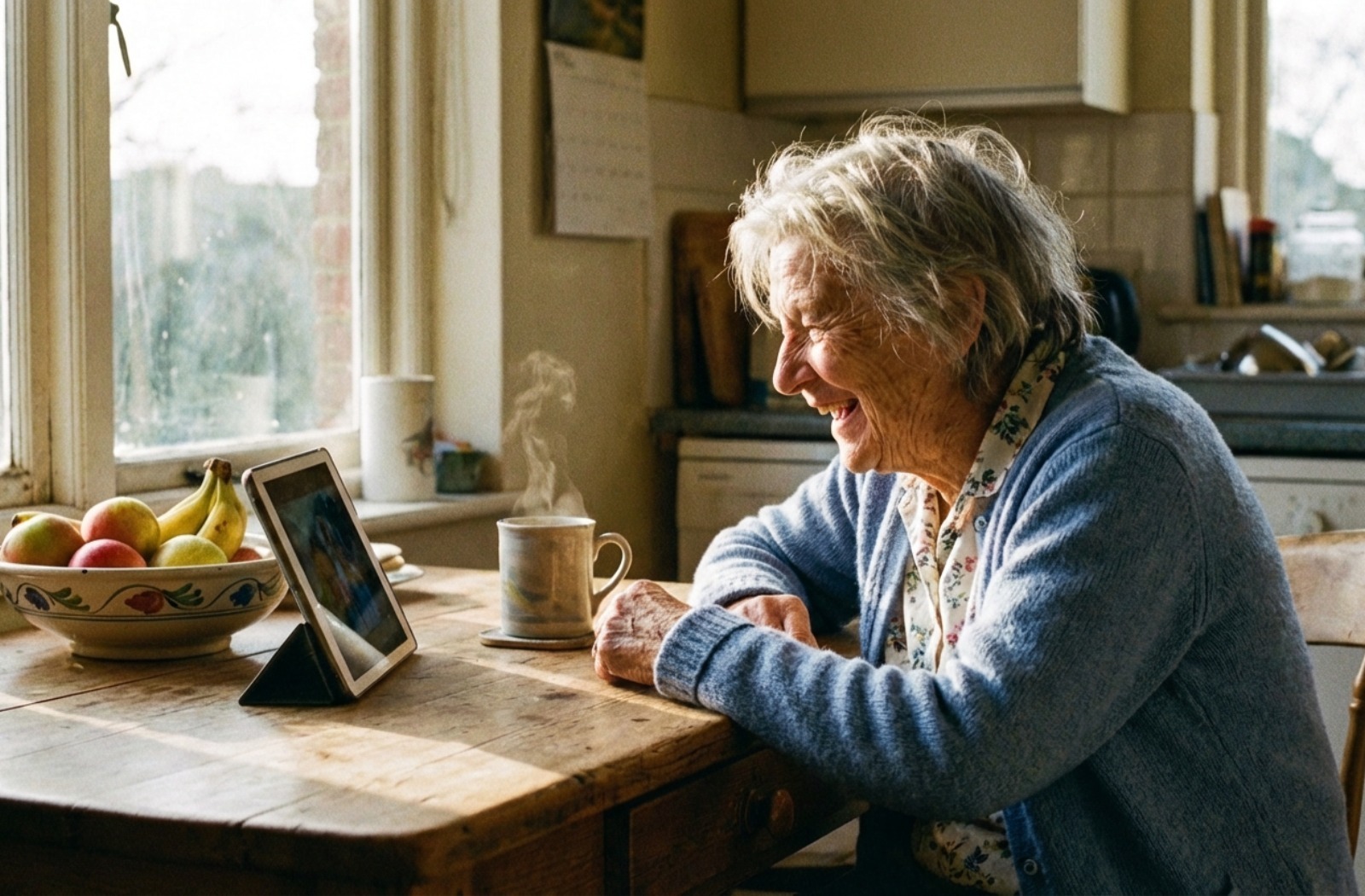 Senior person laughing while using a tablet at a sunny kitchen table with a mug of tea.

