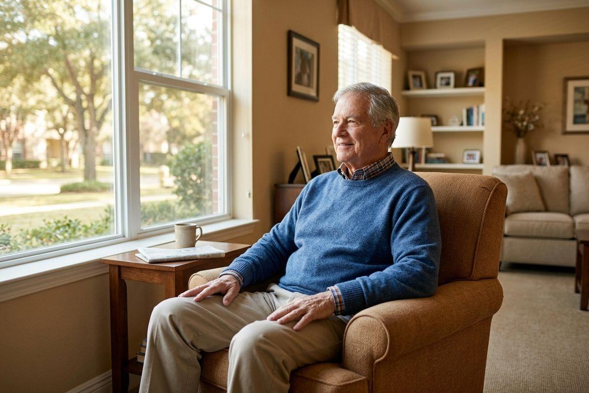 Older adult in a blue sweater sits smiling in an armchair by a window, with a mug and newspaper on a side table.
