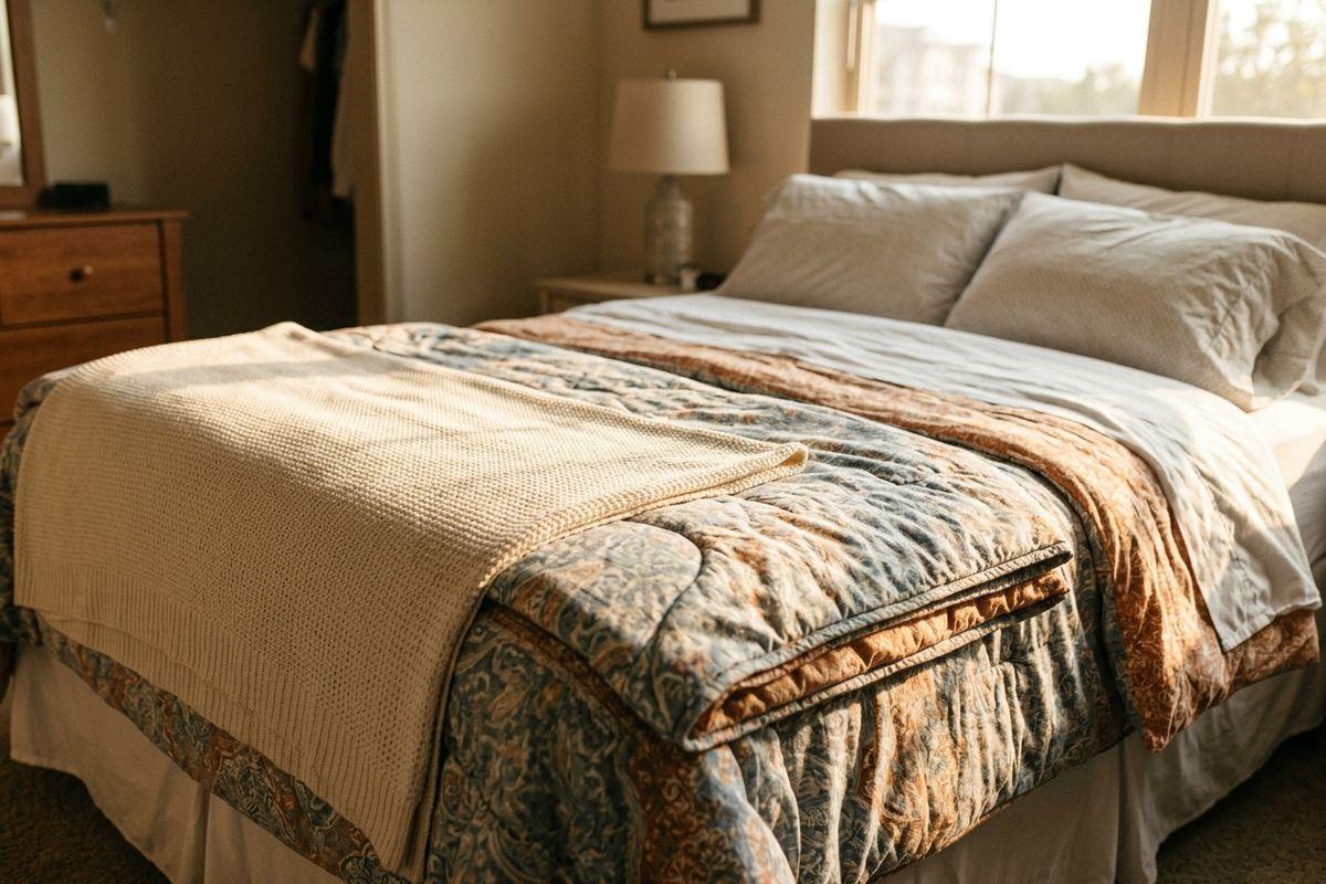 A patterned quilt, cream knit throw, and gray pillows lie on a bed that sits beside a nightstand lamp.
